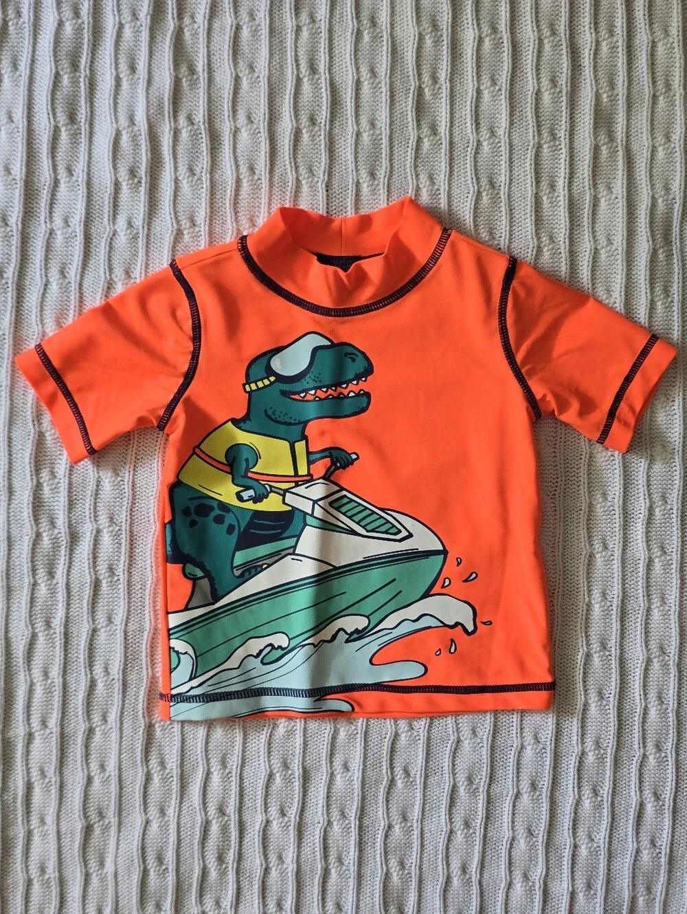 Carter's Bright Orange Rashguard with Dino on Jet Ski - Size 12M